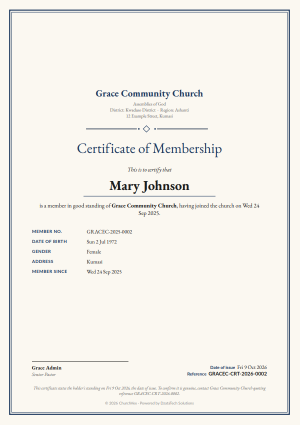 A membership certificate for a fictional member of Grace Community Church, with the date of issue and a reference number.